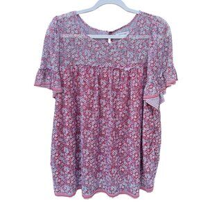 Max Studio Womens Floral Print Short Sleeve Ruffle Top Cottagecore1X Lined Red
